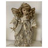 PORCELAIN/BISQUE ANGEL DOLL WITH REAL FEATHER WINGS & ELEGANT DRESS W/ STAND 16" TALL X 10" WIDE