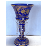 VINTAGE COBALT BOHEMIAN GLASS MANTLE LUSTRE WITH HEAVY GOLD GILDING & GOLD FLORAL OVERLAYS 14 1/4" TALL X 7 1/2" WIDE