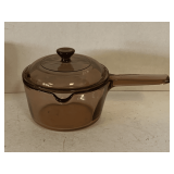 VINTAGE CORNING VISION WARE AMBER GLASS 1L SAUCEPAN WITH LID