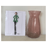 LIGHT PURPLE FLOWER VASE 10 1/2" TALL & SIGNED 8 1/2" X 10 PRINT