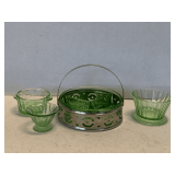 SHELF LOT OF LIGHT GREEN GLASS - 2 VINTAGE RIBBED BOWLS (URANIUM) BELIEVED TO BE TIFFIN, VINTAGE DIVIDED CANDY DISH (URANIUM) IN SILVER PLATE CARRIER & VINTAGE ANCHOR HOCKING GREEN CAMEO BUTTER TUB (U