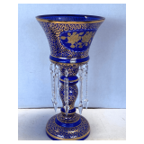 VINTAGE COBALT BOHEMIAN GLASS MANTLE LUSTRE WITH HEAVY GOLD GILDING & GOLD FLORAL OVERLAYS 14 1/4" TALL X 7 1/2" WIDE