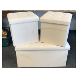 3 CLOTH PADDED COLORED STORAGE STOOLS - TWO 14 1/2" SQUARE X 15" TALL & ONE 29 1/2" SQUARE X 15 1/4 (WATER STAINS ON SIDE)