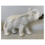 LARGE WHITE IRIDESCENT ELEPHANT WITH PAINTED GOLD TUSKS 13" LONG X 8 1/2" TALL