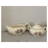 HARTVER POTTERY CO 22K GOLD TRIM "WILD ROSE BOUQUET" - COVERED SUGAR & GRAVY BOAT