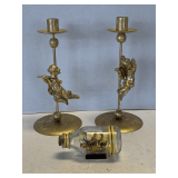 PAIR OF BRASS CHERUB CANDLESTICKS 10" TALL & VINTAGE SHIP IN A BOTTLE FROM MYRTLE BEACH 4 1/2" LONG