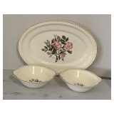 HARTVER POTTERY CO 22K GOLD TRIM "WILD ROSE BOUQUET" - OVAL PLATTER & 2 BOWLS