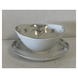 VINTAGE MIKASA FINE CHINA "BEVILLE" (WHITE WITH PATTERNS OF BLUE ROSES W/ GOLD TRIM) - GRAVY BOAT WITH ATTACHED UNDERPLATE
