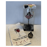 NEW HAND PAINTED WINE GLASS, WINE TOWELS & STOPPER