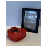 BLACK FRAME 6 1/2" X 8 1/2", VINTAGE RED TELEFLORA HEART SHAPED DISH WITH PORCELAIN ROSE 6" X 6 1/4"