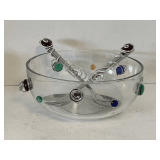 LIBERTY WARE LARGE ART GLASS SALAD BOWL WITH SERVERS 11" ROUND X 4 1/2" TALL