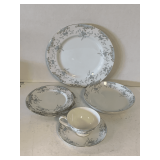 VINTAGE MIKASA FINE CHINA "BEVILLE" (WHITE WITH PATTERNS OF BLUE ROSES W/ GOLD TRIM) - 6 PLACE SETTING