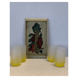 4 VINTAGE YELLOW FROSTED WEST VIRGINIA GLASSES 4" TALL & SMALL HAND PAINTED WOODEN TRAY 10" LONG X 4 3/4" WIDE