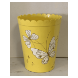 VINTAGE YELLOW HEAVY PLASTIC BUTTERFLY PATTERN SCALLOPED TRASH CAN 9" ROUND 11 1/2" TALL