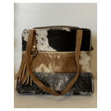 MYRA BAG - COWHIDE & LEATHER COW PATTERN TOTE BAG 9 3/4" WIDE X 9" TALL