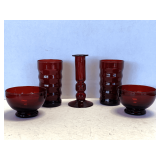 VINTAGE RUBY RED GLASS - 2 RUBY RED ANCHOR HOCKING "WHIRLY TWIRLY" TUMBLERS, 2 RUBY RED ANCHOR HOCKING FOOTED SHERBETS "BALTIC" & MORE