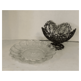 VINTAGE INDIANA CLEAR GLASS HOBNAIL DEVILED EGG PLATTER 11" ROUND & VINTAGE WROUGHT IRON SCROLL PEDESTAL FRUIT BOWL 9" ROUND X 6 1/2" TALL