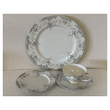 VINTAGE MIKASA FINE CHINA "BEVILLE" (WHITE WITH PATTERNS OF BLUE ROSES W/ GOLD TRIM) - 4 PLACE SETTING