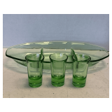 VINTAGE FAIRFAX GREEN RELISH DISH BY FOSTORIA 11 1/2" LONG X 5 1/2" WIDE & 3 VINTAGE GREEN DEPRESSION GLASS SHOT GLASSES