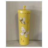 VINTAGE YELLOW HEAVY PLASTIC BUTTERFLY PATTERN SCALLOPED LID TOILET BRUSH CONTAINER 6 1/2" ROUND 20" TALL