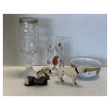 SHELF LOT TO INCLUDE REDNECK DRINKING JUG, 2 DOG FIGURINES & MORE