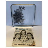 12" SQUARE SERVING TRAY WITH SILVER FLORAL OVERLAY & OCT 1961 TV RADIO MIRROR MAGAZINE