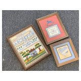 2 FRAMED CROSS STITCHED 9 1/4" X 11 1/4, 11 1/2" X 14 1/2", 1 QUILT HEART FRAMED 8 3/4" SQUARE