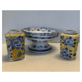 BLUE & WHITE CERAMIC FRUIT BOWL WITH BUTTERFLY DESIGN 4 3/4" TALL X 8" ROUND & VINTAGE PAIR OF YELLOW & BLUE CERAMIC VASES 5 1/2" TALL