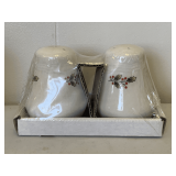 NEW PAIR WHITE CERAMIC SALT/PEPPER SHAKERS - HOLLY DESIGN