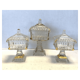 VINTAGE JEANNETTE GLASS WEDDING CAKE COMPOTE IDEAL CANDY DISH 8" TALL X 5" SQUARE & 2 VINTAGE WESTMORELAND GLASS WEDDING CAKE COMPOTE WITH GOLD ACCENTS 6 1/2" TALL X 4" SQUARE