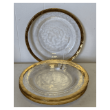 4 VINTAGE ANNIEGLASS "ROMAN" WIDE GOLD RIMMED SALAD PLATES 8 1/4" ROUND