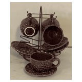 8 PIECE PURPLE GRAPE EMBOSSED CREAMER COFFEE SET W/ METAL STORAGE STAND