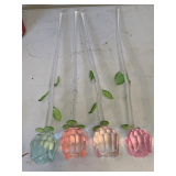4 LONG STEM CUT GLASS ROSE BUDS 14" LONG (2 PINK, 1 PURPLE, 1 BLUE)