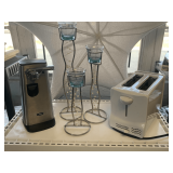 PROCTOR SILEX BAGEL TOASTER, OSTER CAN OPENER & 3 SILVER METAL TEALIGHT HOLDERS