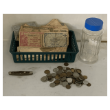JAR WITH FOREIGN COINS - MISC VINTAGE MILITARY COLLECTIBLES & MISC VINTAGE FOREIGN CURRENCY (CRATE NOT INCLUDED)
