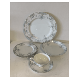 VINTAGE MIKASA FINE CHINA "BEVILLE" (WHITE WITH PATTERNS OF BLUE ROSES W/ GOLD TRIM) - 6 PLACE SETTING