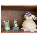 3 CERAMIC GREEN FROGS - 1 GARDEN FIGURINE 5 1/4" TALL X 4" WIDE, 1 PLANTER 8 1/2" TALL X 9 1/4" WIDE, 1 BANK 5 1/2" TALL X 3 1/2" WIDE