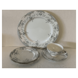 VINTAGE MIKASA FINE CHINA "BEVILLE" (WHITE WITH PATTERNS OF BLUE ROSES W/ GOLD TRIM) - 5 PLACE SETTING