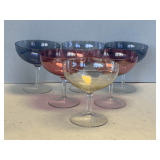 6 BLOWN ART DECO GLASS MULTICOLOR SAUCER CHAMPAGNE GLASSES (BELIEVED TO BE FOSTORIA) 4 3/4" TALL