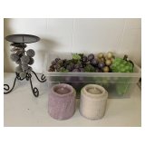 PLASTIC CRATE FULL OF BEADED GRAPE CLUSTERS, BLACK METAL CANDLE HOLDER & 2 BEADED PILLAR CANDLES