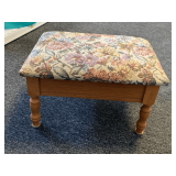 VINTAGE SEWING STOOL WITH TAPESTRY TOP 15 1/2" LONG X 11 1/2" WIDE X 9 1/2" TALL