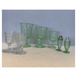 SHELF LOT TO INCLUDE 3 NORITAKE PROVINCIAL SPRING GREEN GOBLETS, PAIR OF VINTAGE HAZEL ATLAS FLORENTINE GREEN SALT & PEPPER SHAKERS, & 3 ANCHOR HOCKING WEXFORD SMALL WINE GLASSES