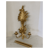 VINTAGE ITALIAN GOLD LEAF GILDED CARVED WALL SCONCES WITH CANDLES 23 1/4" TALL X 11" WIDE