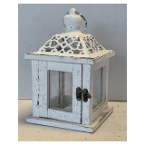 WHITE WOOD & METAL LANTERN STYLE CANDLE HOLDER 9" TALL X 6" SQUARE