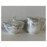 VINTAGE MIKASA FINE CHINA "BEVILLE" (WHITE WITH PATTERNS OF BLUE ROSES W/ GOLD TRIM) - COVERED SUGAR & CREAMER