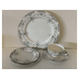 VINTAGE MIKASA FINE CHINA "BEVILLE" (WHITE WITH PATTERNS OF BLUE ROSES W/ GOLD TRIM) - 5 PLACE SETTING