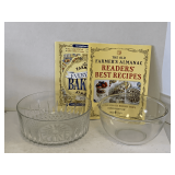 VINTAGE LARGE ARCOROC "DIAMANT" PRESSED GLASS SERVING BOWL 9" ROUND X 4 1/4" TALL, VINTAGE HEAVY GLASS MIXING BOWL 8 1/4" ROUND X 4 3/4" TALL & 2 RECEIPT BOOKLETS