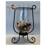 EXTRA LARGE GLASS HURRICANE ON BLACK METAL BASE 16 3/4" TALL X 9 1/2" WIDE