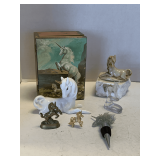 SHELF LOT OF UNICORNS TO INCLUDE VINTAGE ENESCO 5 3/4" TALL, UNICORN CARVED OF GEORGIA MARBLE, PORCELAIN UNICORN & MORE