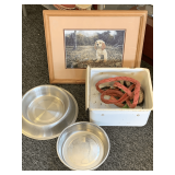 FRAMED GOLDEN RETRIEVER PUPPY PRINT 17 1/4" X 14 1/2", VINTAGE ENAMEL REFRIGERATOR DRAWER & MORE